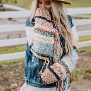 New NWT S Small Three Bird Nest Sukie Knit Sleeve Sweater Denim Jacket POL
